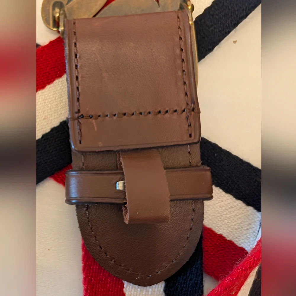 Polo Ralph Lauren Striped Canvas Leather Belt‎ Script Logo Buckle Red White Blue